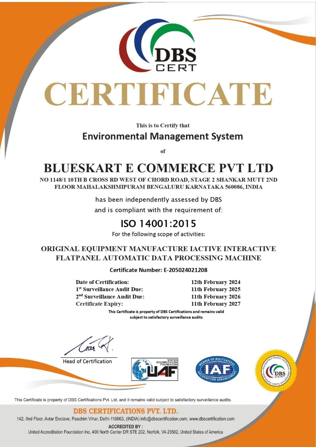 ISO 14001:2015 Certificate